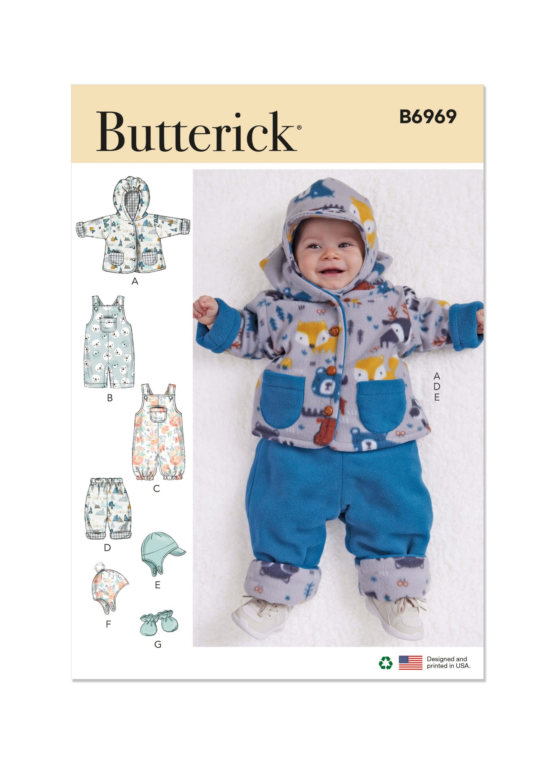 Butterick Sewing Pattern B6969 Infants’ Jacket, Overalls, Bottoms, Hats and Mittens