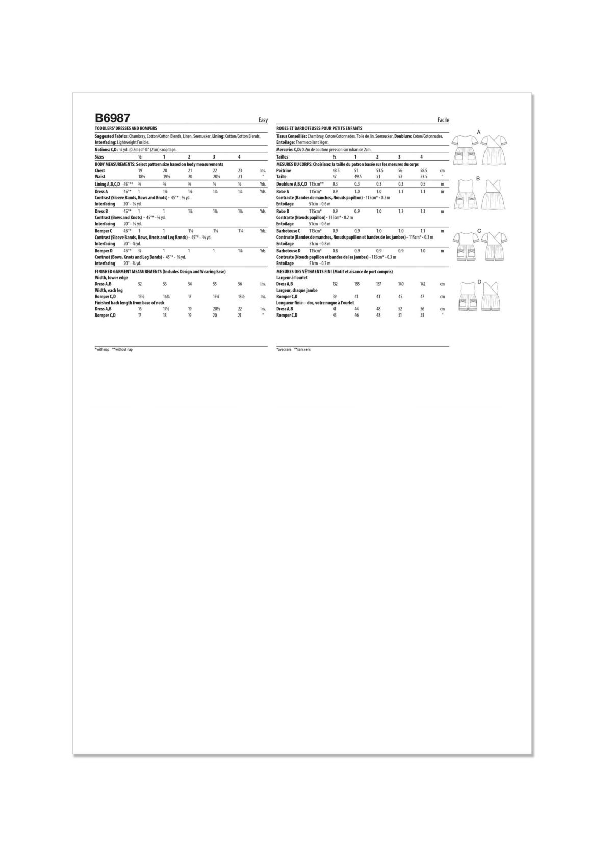 Butterick Sewing Pattern B6987 Toddlers' Dresses and Rompers