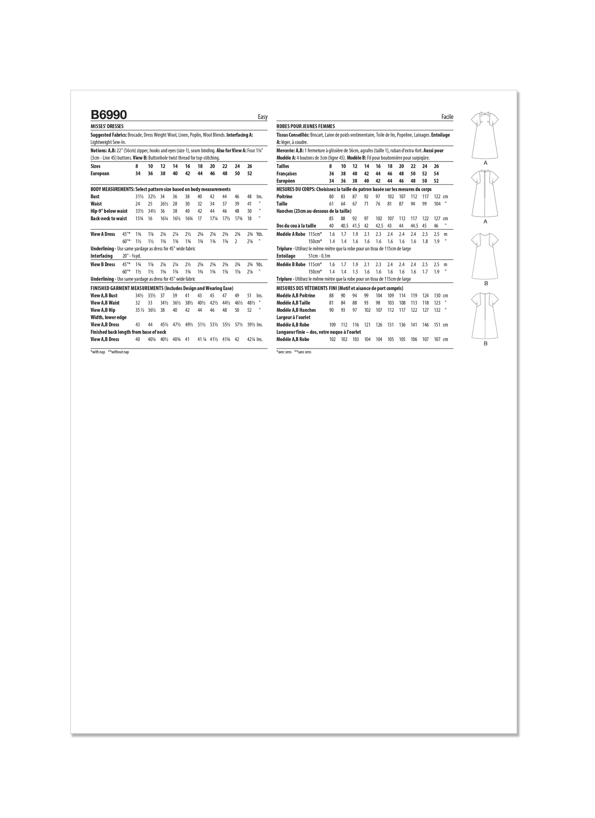 Butterick Sewing Pattern B6990 Misses' Dresses