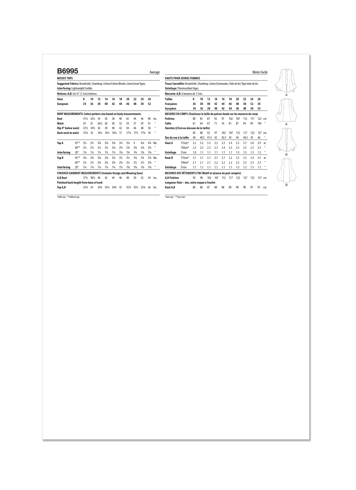 Butterick Sewing Pattern B6995 Misses' Tops by Katherine Tilton