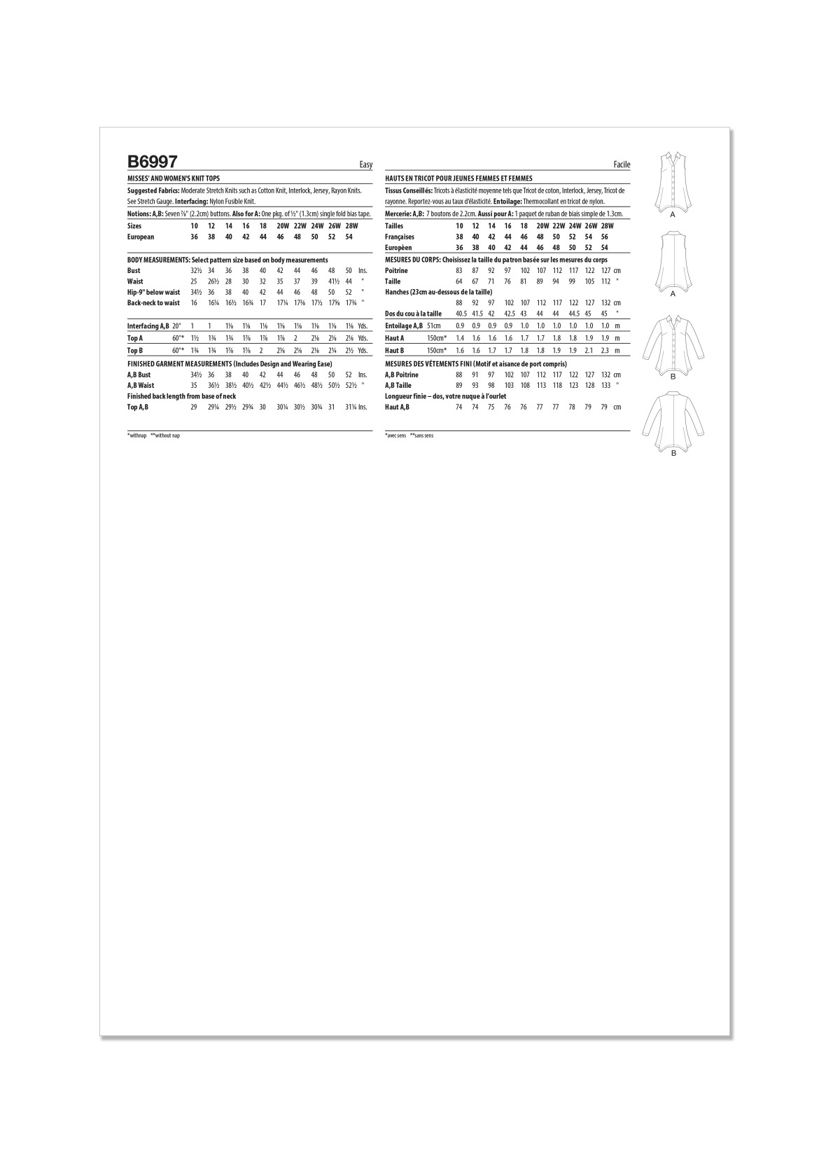 Butterick Sewing Pattern B6997 Misses' and Women's Knit Tops