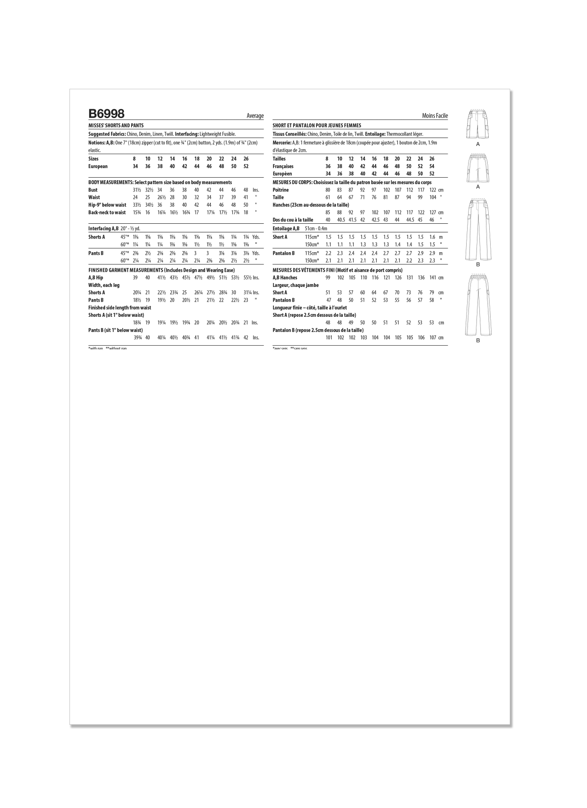 Butterick Sewing Pattern B6998 Misses' Shorts and Trousers