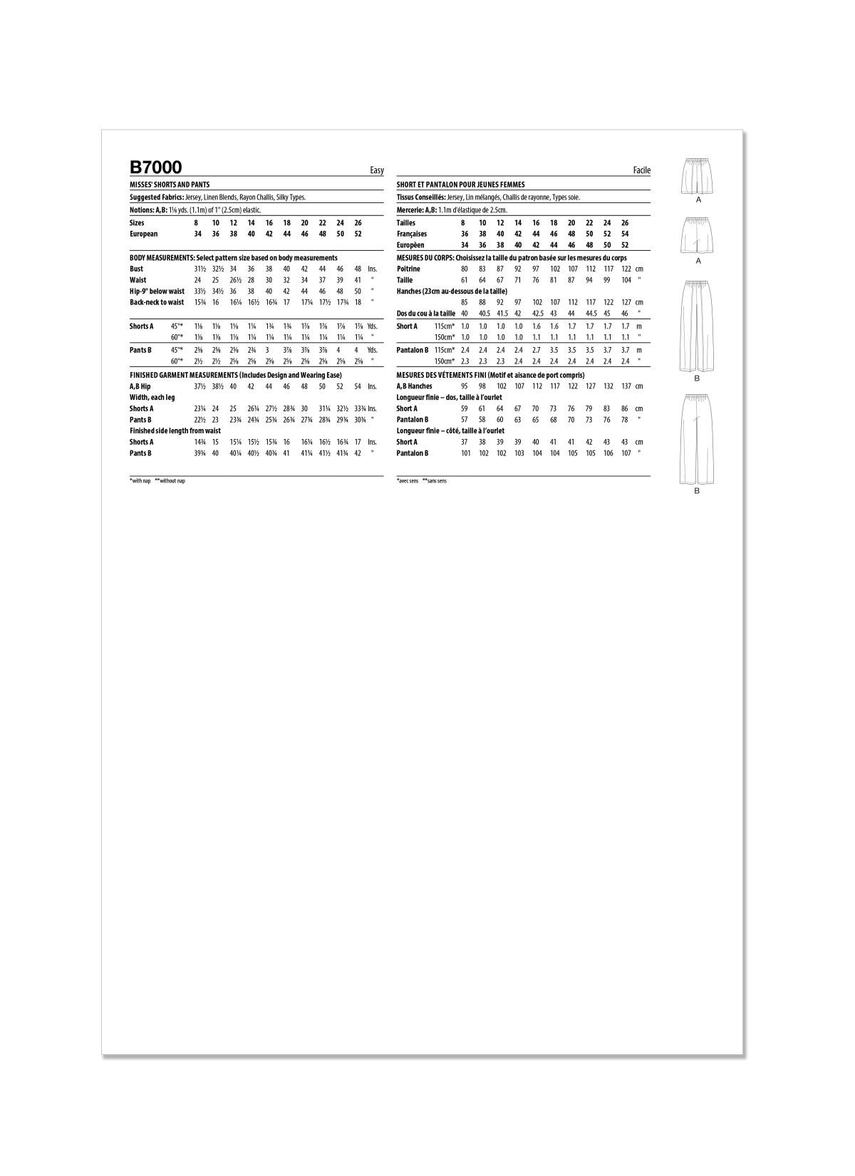 Butterick Sewing Pattern B7000 Misses' Shorts and Trousers