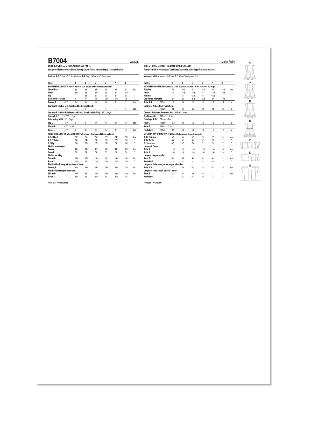 Butterick Sewing Pattern B7004 Children's Dresses, Top, Shorts and Trousers