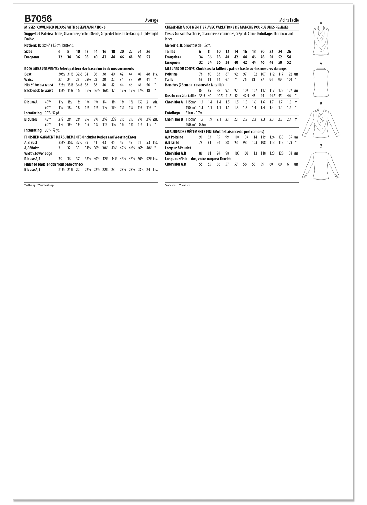 Butterick Sewing Pattern B7056 Misses' Cowl Neck Blouse with Sleeve Variations