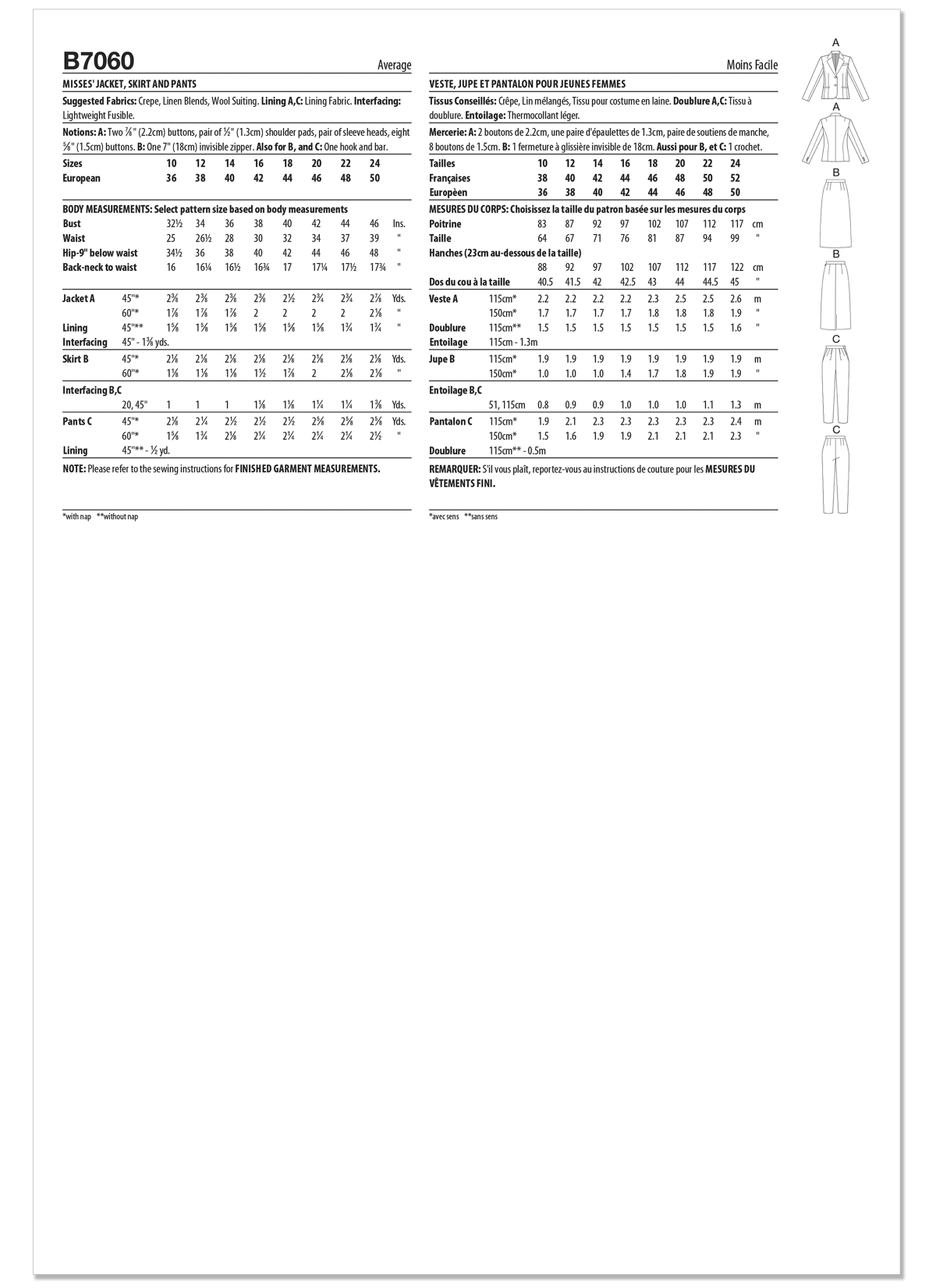 Butterick Sewing Pattern B7060 Misses' Jacket, Skirt and Trousers
