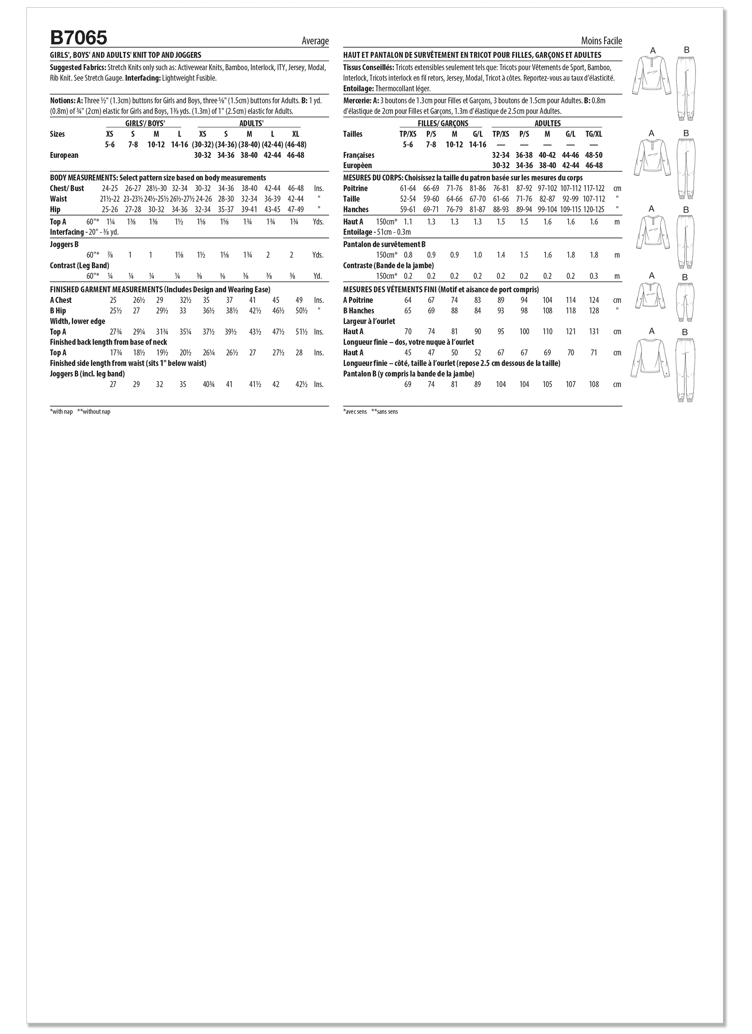 Butterick Sewing Pattern B7065 Girls' and Boys' and Adult Knit Tops and Joggers