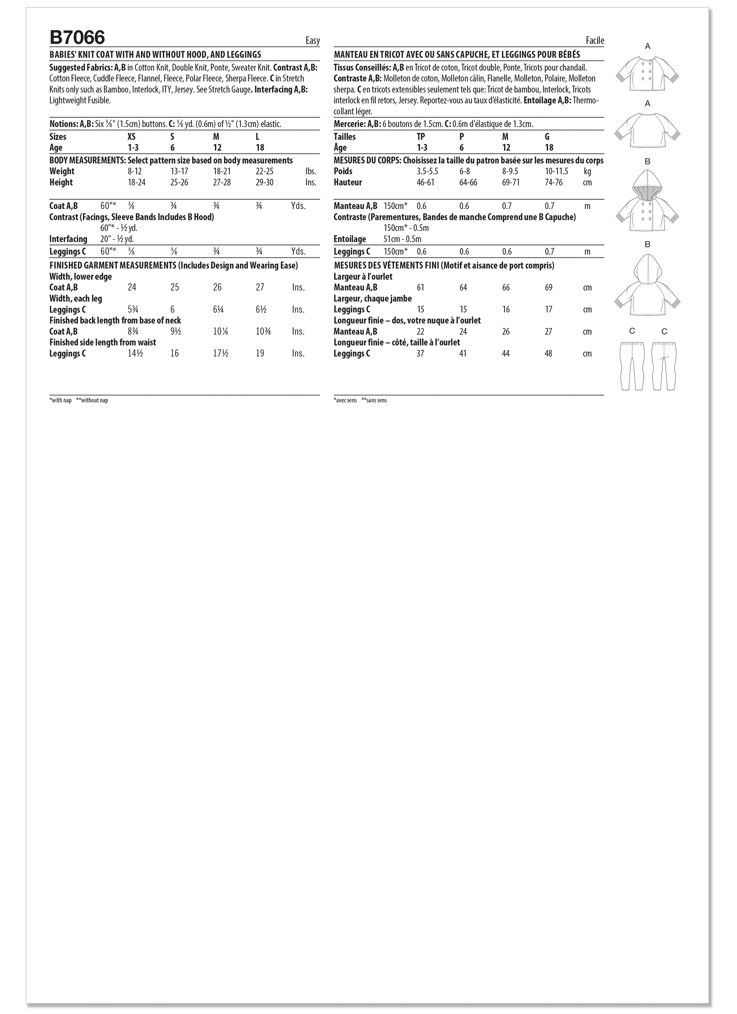 Butterick Sewing Pattern B7066 Babies' Knit Coat with and without Hood and Leggings
