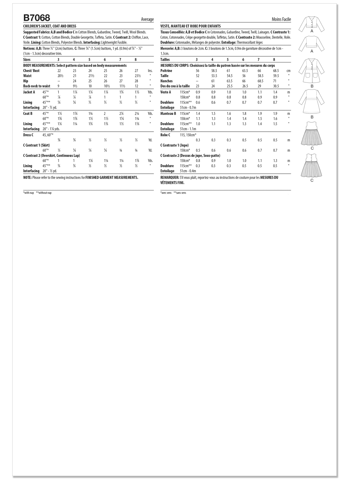 Butterick Sewing Pattern B7068 Children's Jacket, Coat and Dress