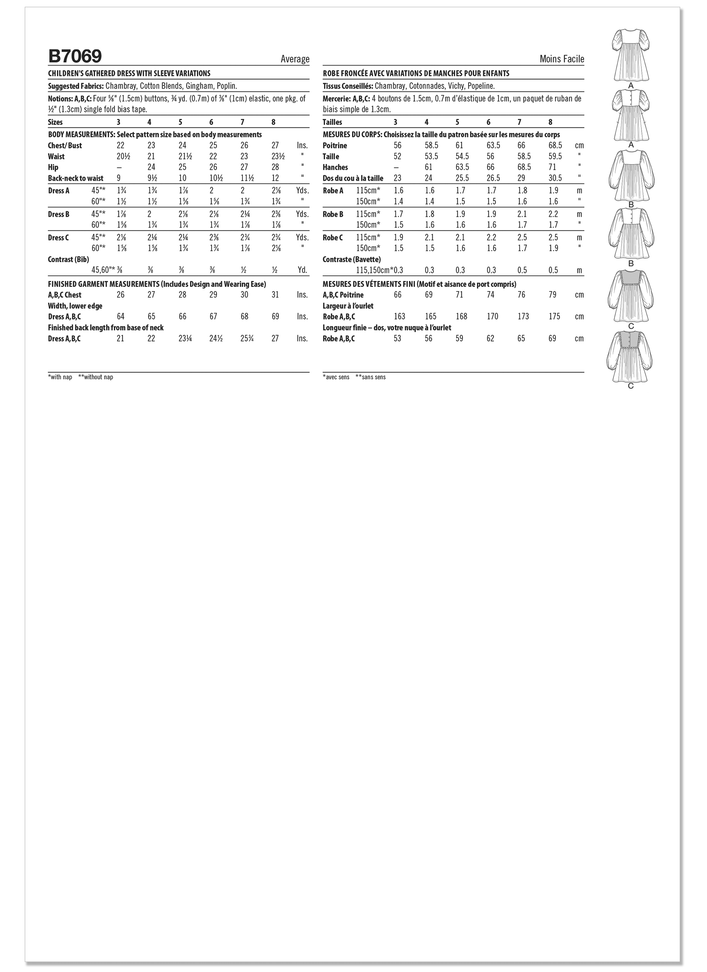 Butterick Sewing Pattern B7069 Children's Gathered Dress with Sleeve Variations