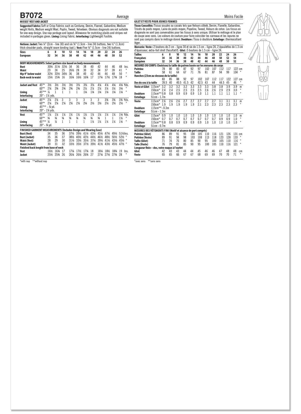 Butterick Sewing Pattern B7072 Misses' Waistcoat and Jacket