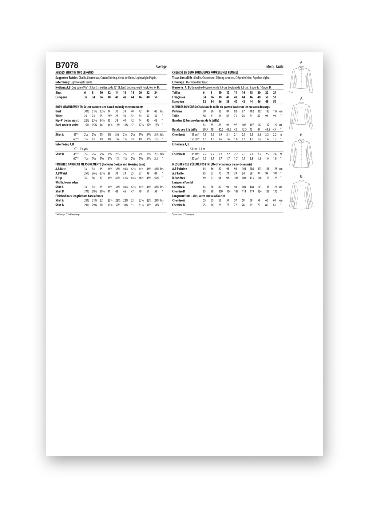 Butterick Sewing Pattern B7078 Misses' Shirt in Two Lengths
