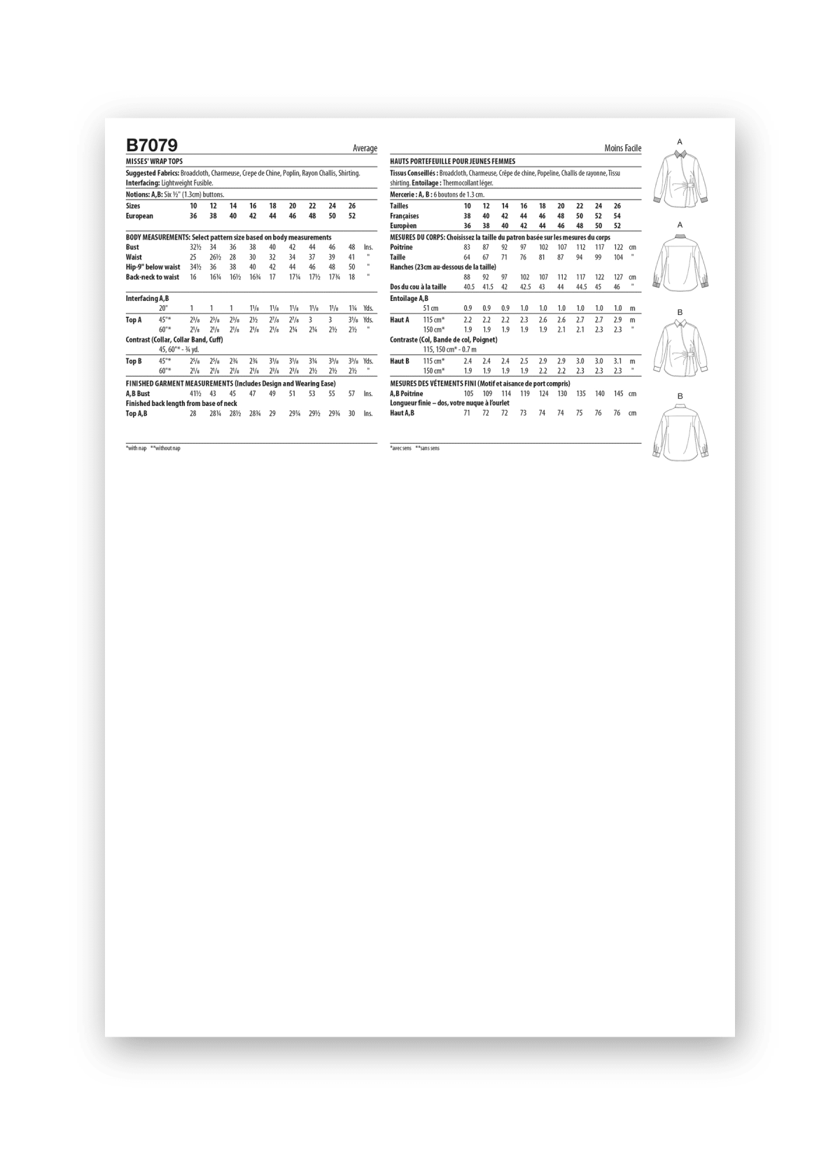 Butterick Sewing Pattern B7079 Misses' Wrap Tops