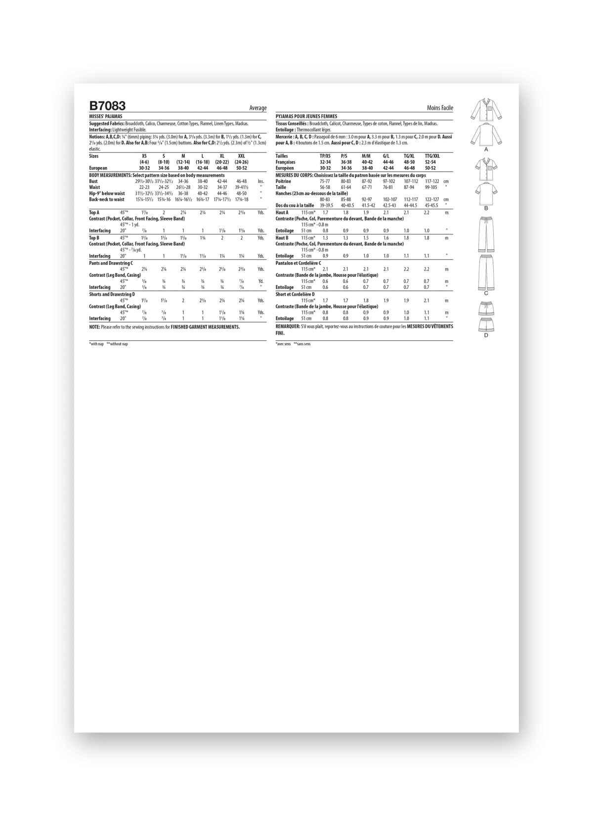Butterick Sewing Pattern B7083 Misses' Pyjamas