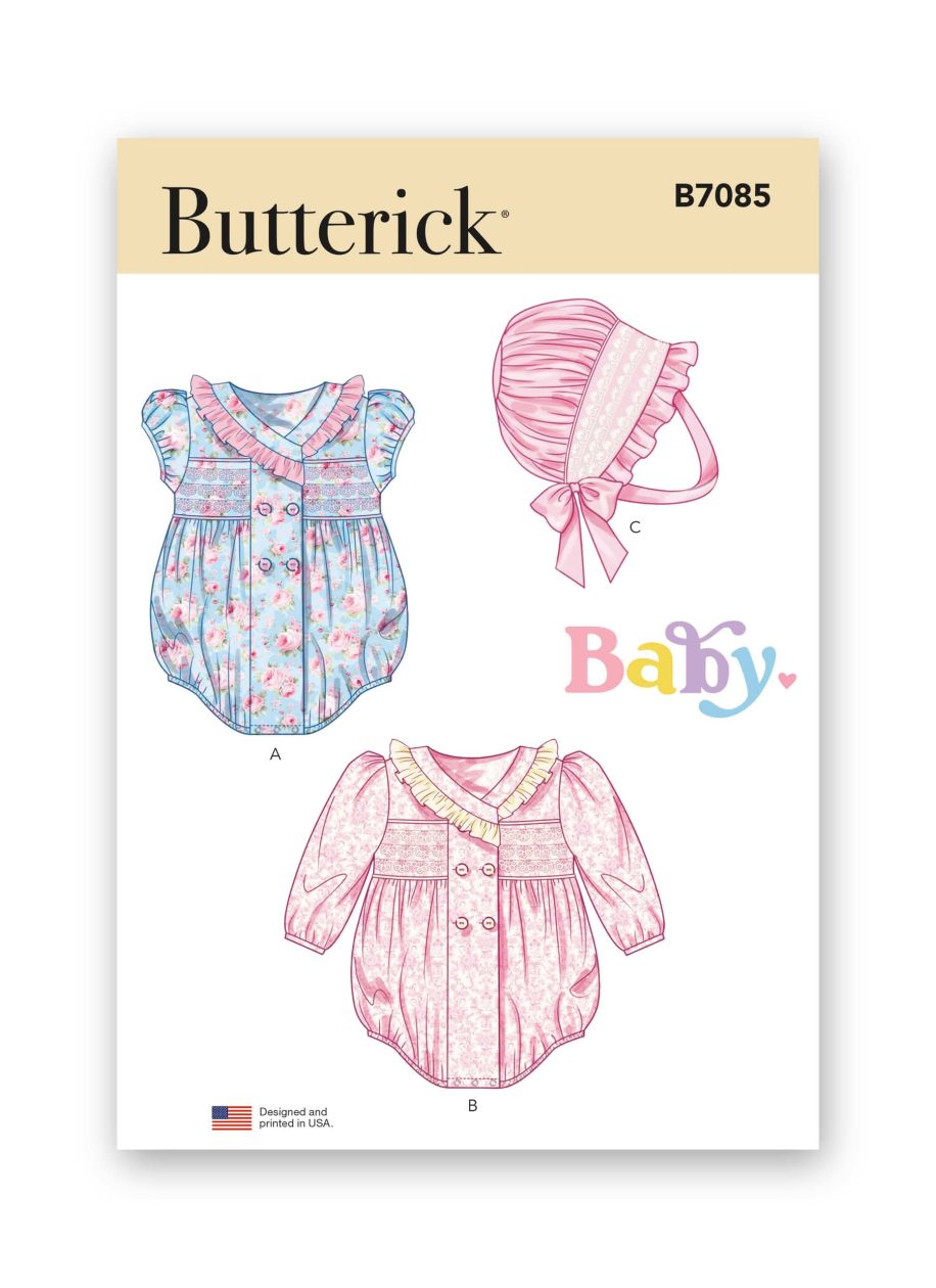 Butterick Sewing Pattern B7085 Babies' Romper with Sleeve Variations and Bonnet in sizes S-M-L
