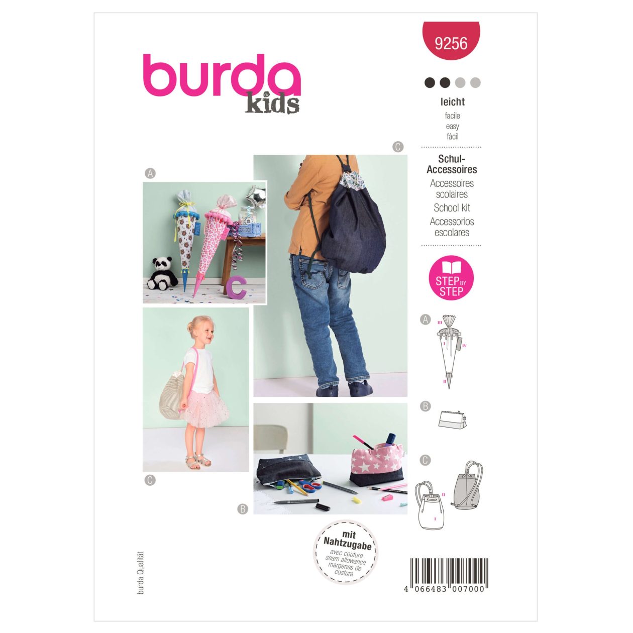 Burda Style Pattern 9256 School Cone, Pencil Case and Gym Bag