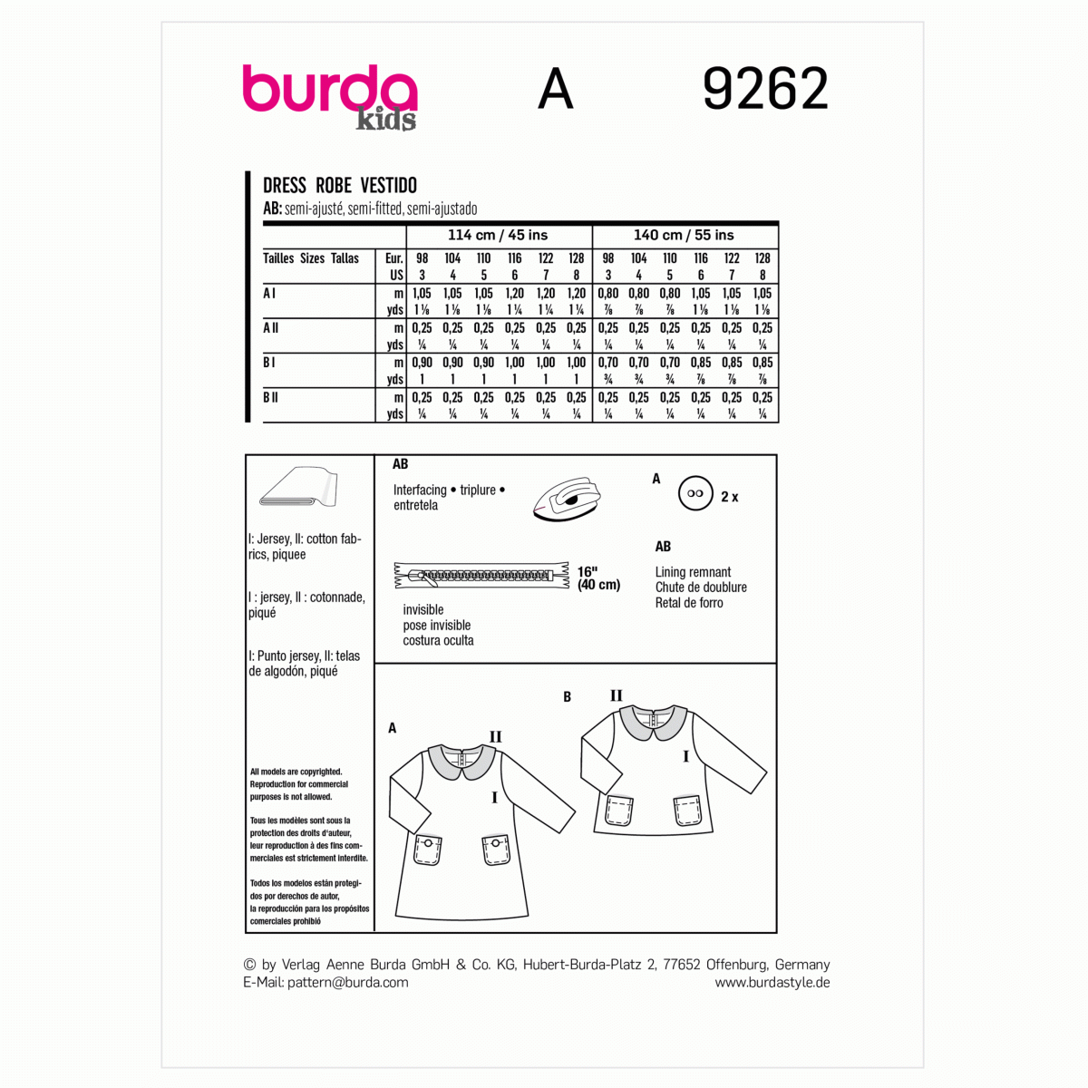 Burda Style Pattern 9262 Children's Dress