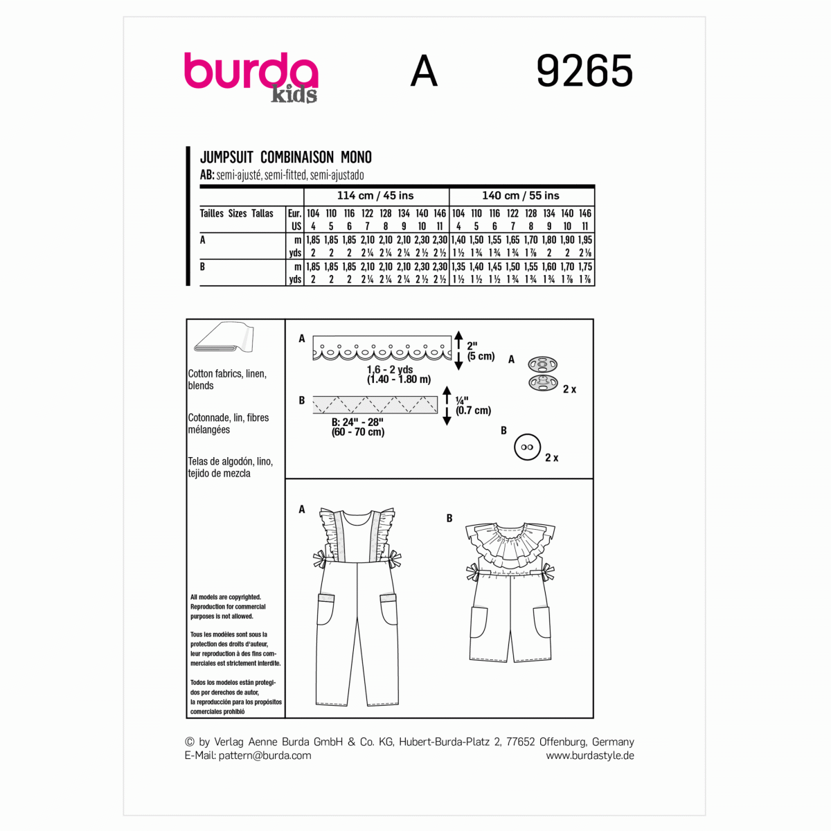 Burda Style Pattern 9265 Children's Overalls