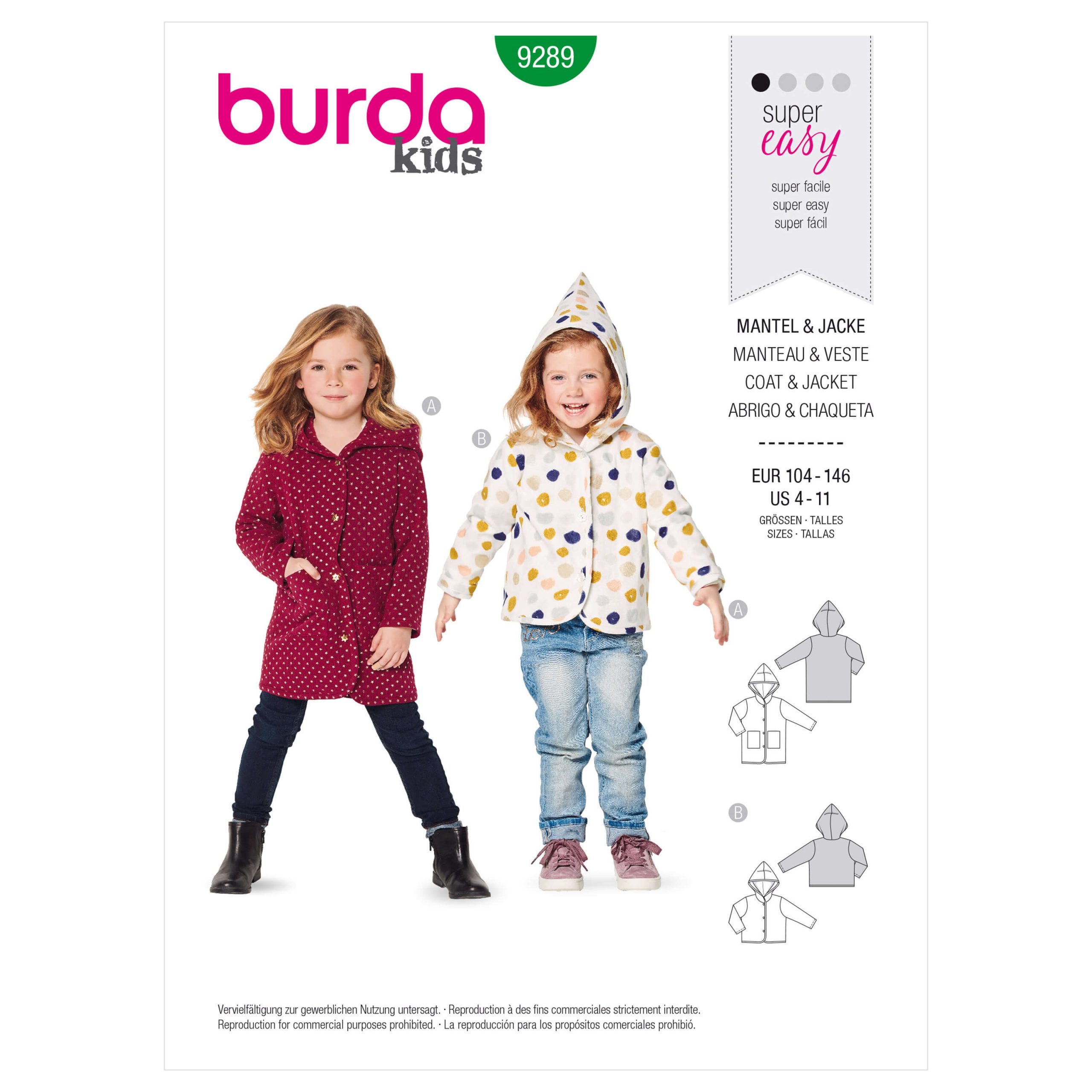 Burda Style Pattern B9289 Children’s Coat or Jacket with Hood