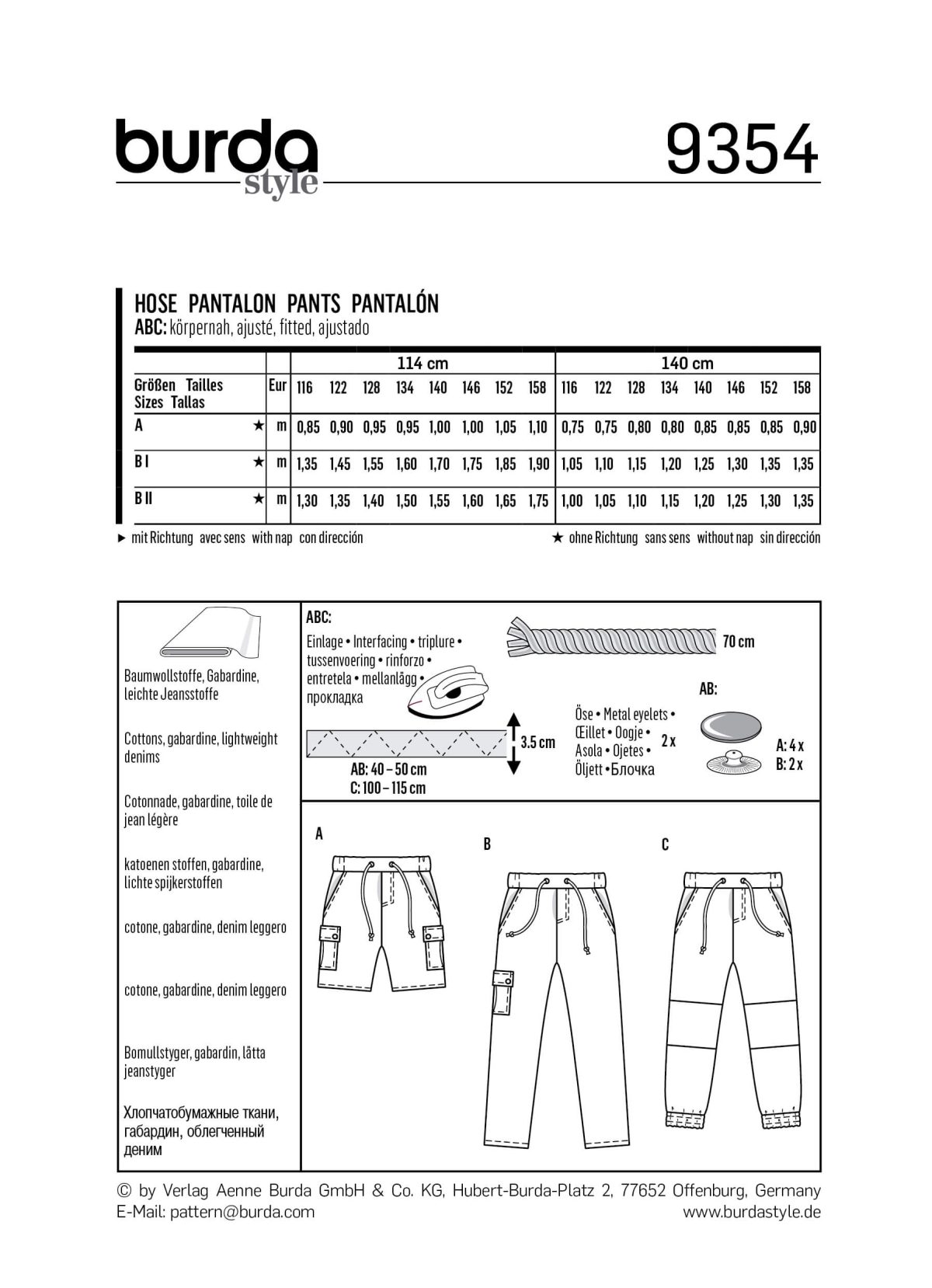 Burda Style Pattern B9354 Girl/Girl Plus Pant and Short