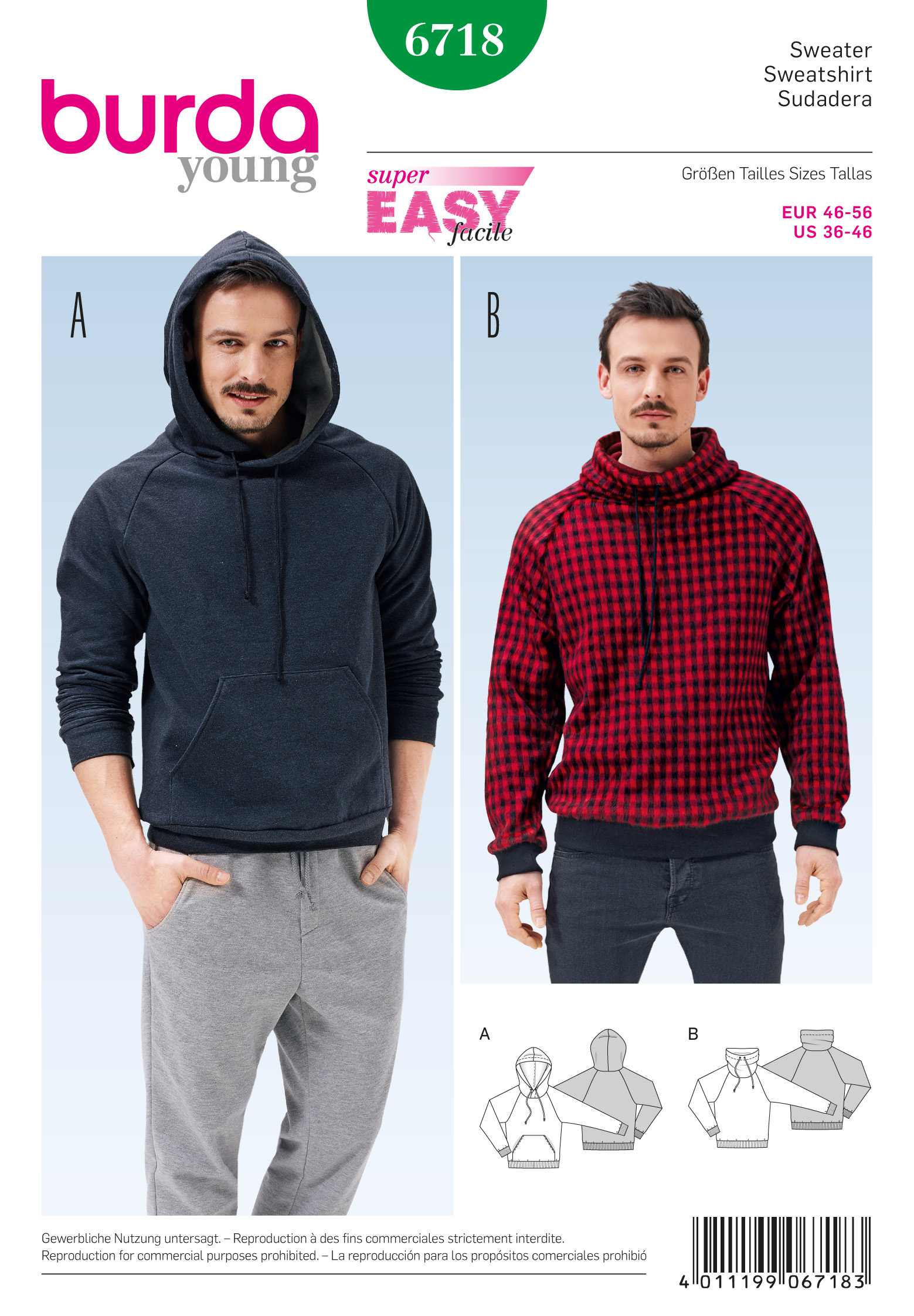 Burda B6718 Men's Pullover Hoodie Sewing Pattern Sewdirect