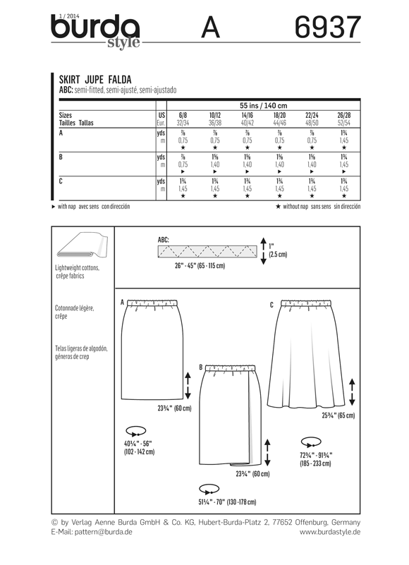 Burda B6937 Burda Style Skirts Sewing Pattern