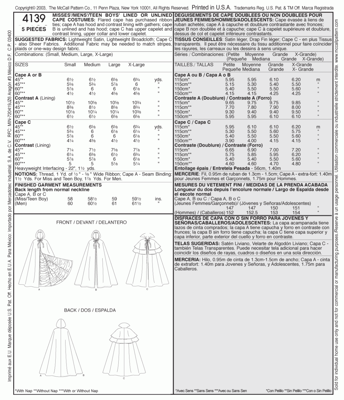 McCall's Sewing Pattern M4139 Misses'/Men's/Teen Boys' Lined & Unlined Cape Costumes