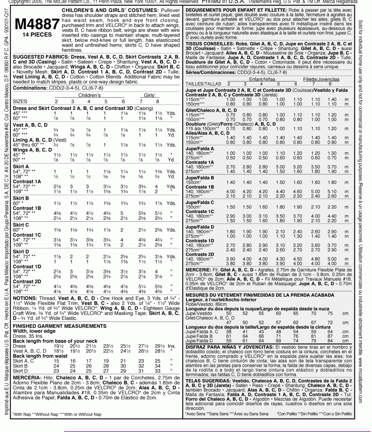 McCall's Sewing Pattern M4887 Children's/Girls' Fairy Costumes