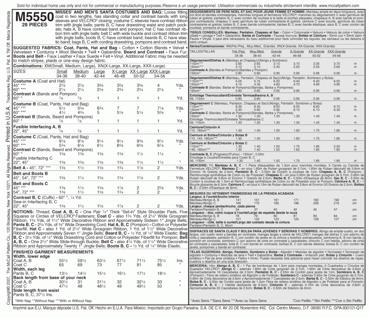 McCall's Sewing Pattern M5550 Misses'/Men's Santa Costumes and Bag