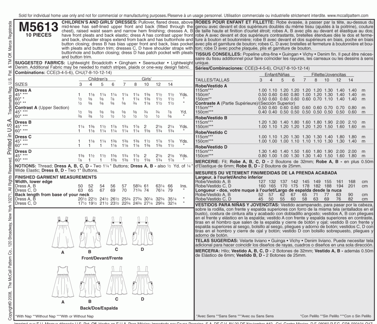 McCall's Sewing Pattern M5613 Children's/Girls' Dresses