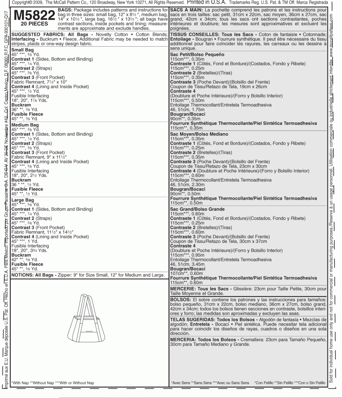 McCall's Sewing Pattern M5822 Tote Bag In 3 Sizes