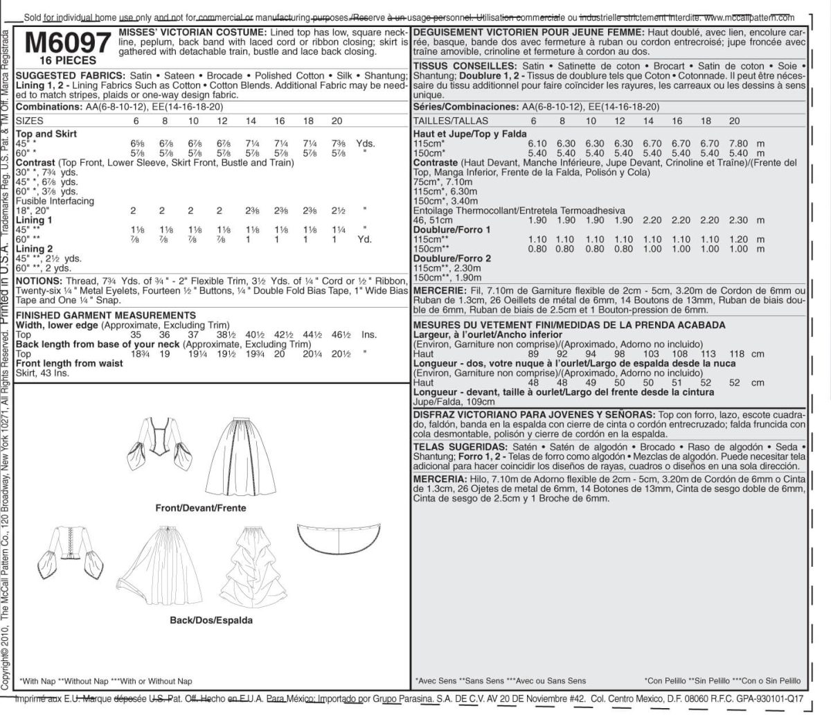 McCall's Sewing Pattern M6097 Misses' Victorian Costume