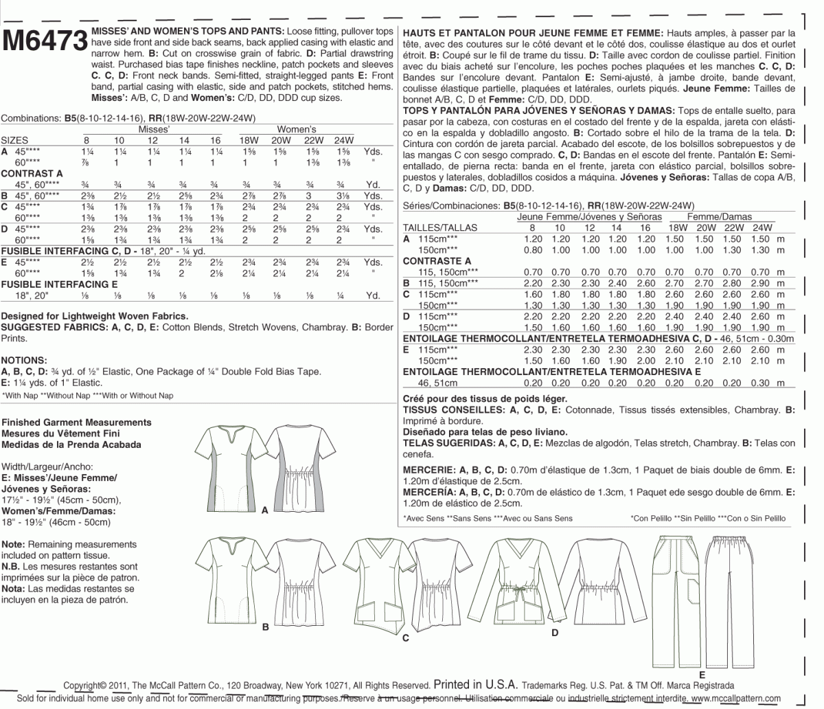 McCall's Sewing Pattern M6473 Misses'/Women's Tops and Pants