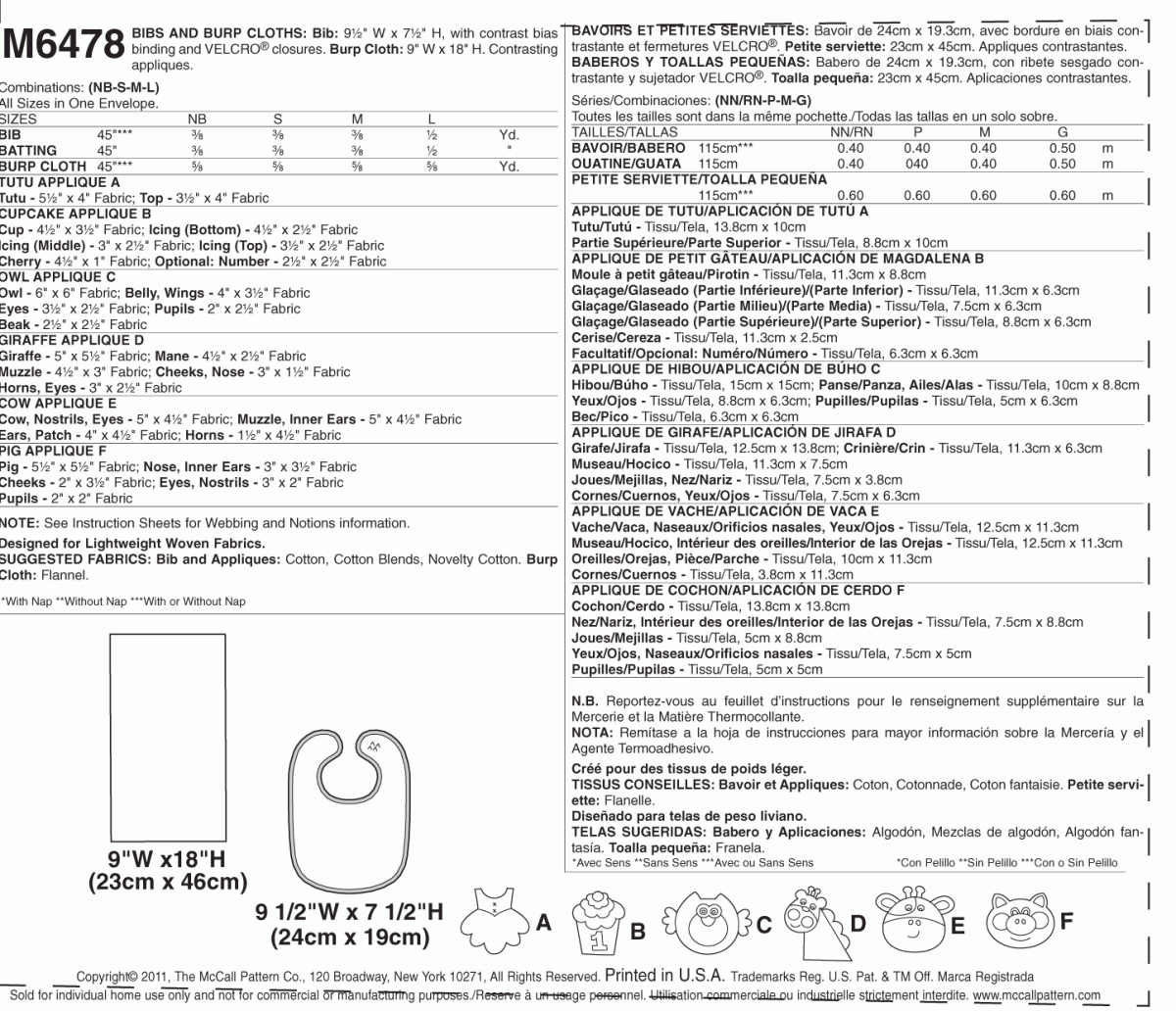 McCall's Sewing Pattern M6478 Bibs and Burp Cloths