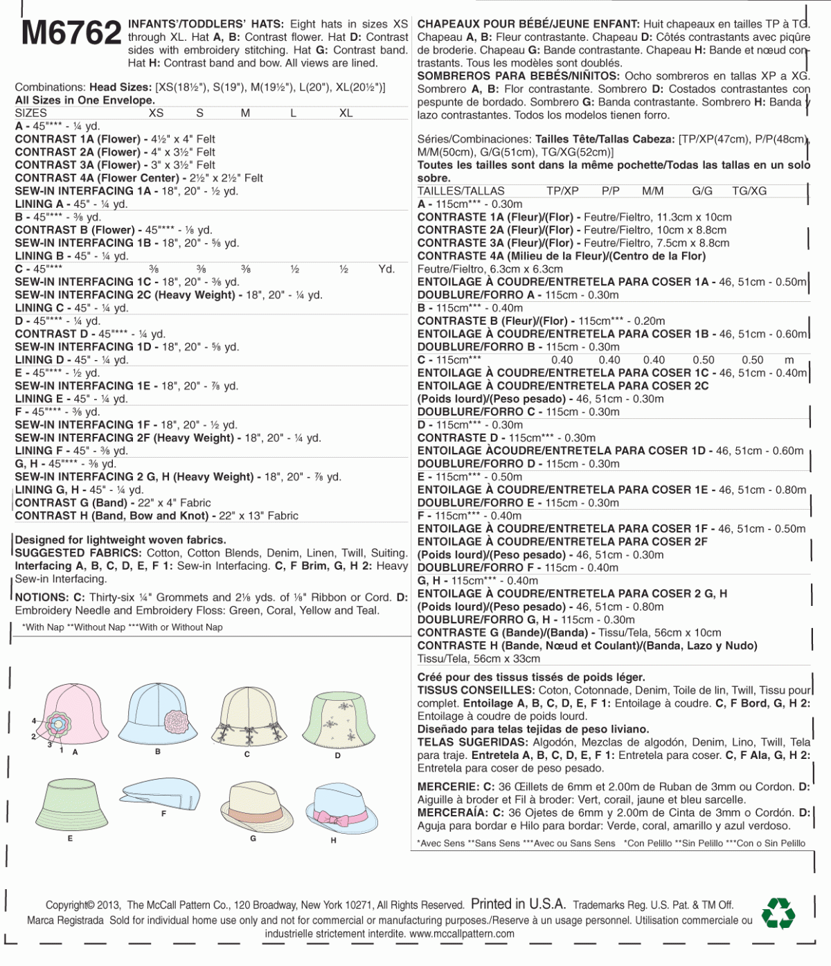 McCall's Sewing Pattern M6762 Infants'/Toddlers' Hats