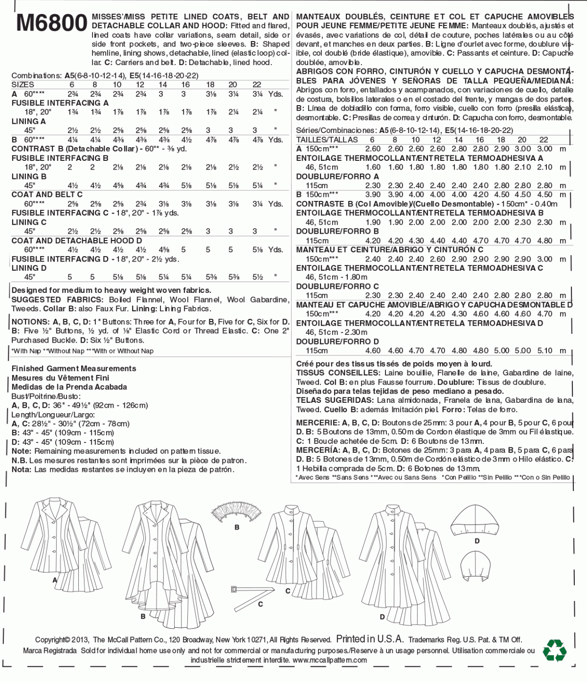 McCall's Sewing Pattern M6800 Misses'/Miss Petite Lined Coats, Belt and Detachable Collar and Hood