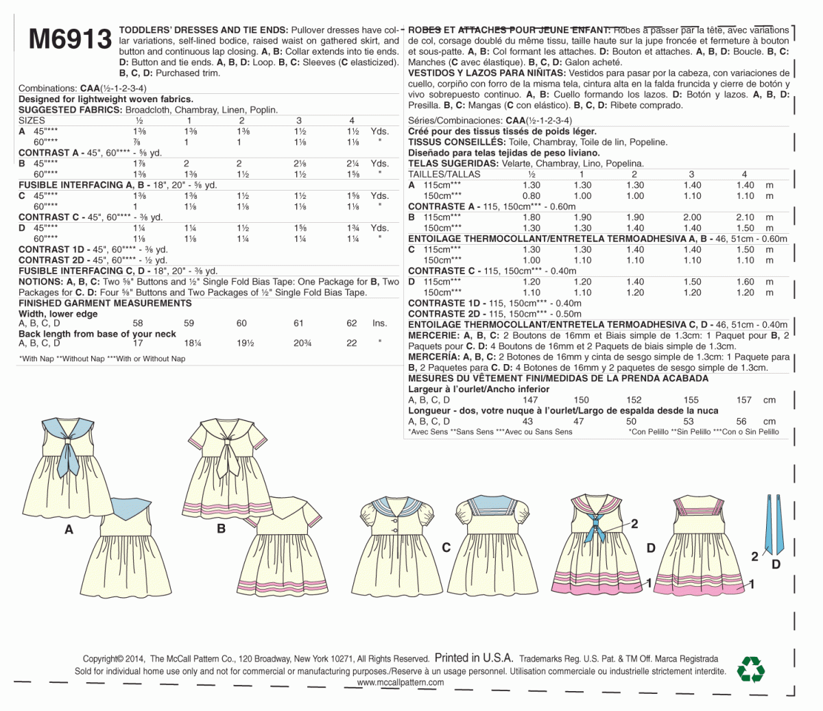 McCall's Sewing Pattern M6913 Toddlers' Dresses and Tie Ends