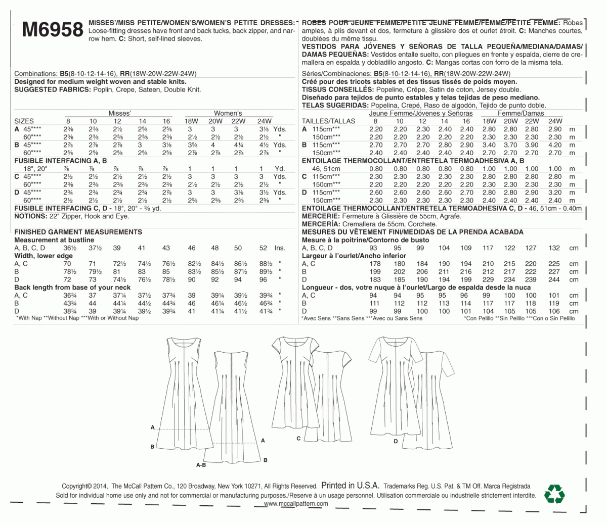McCall's Sewing Pattern M6958 Misses'/Miss Petite/Women's/Women's Petite Dresses