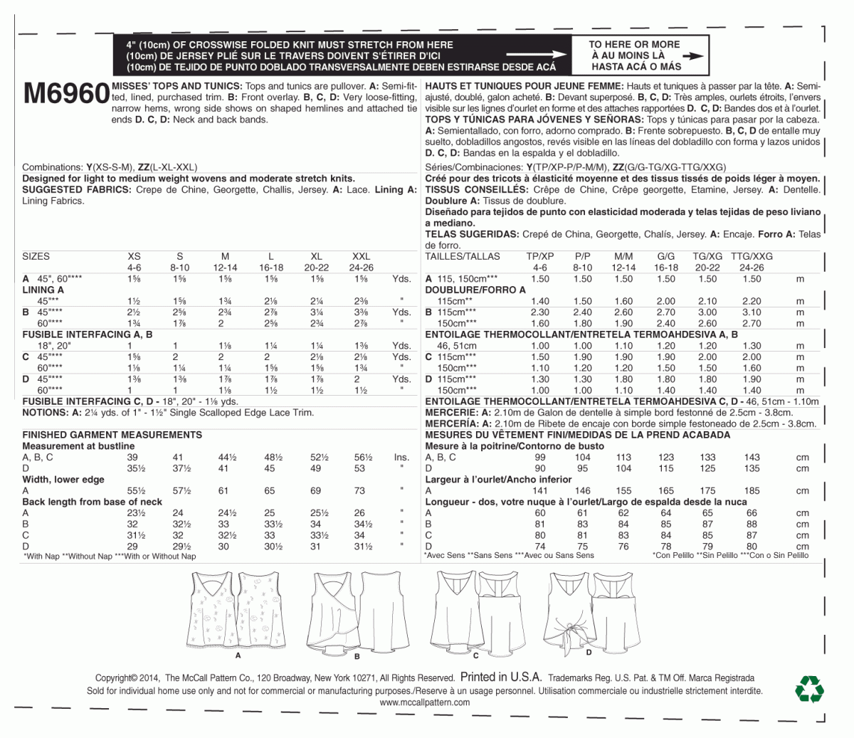 McCall's Sewing Pattern M6960 Misses' Tops and Tunics
