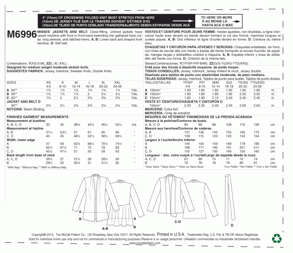 McCall's Sewing Pattern M6996 Misses' Jackets and Belt
