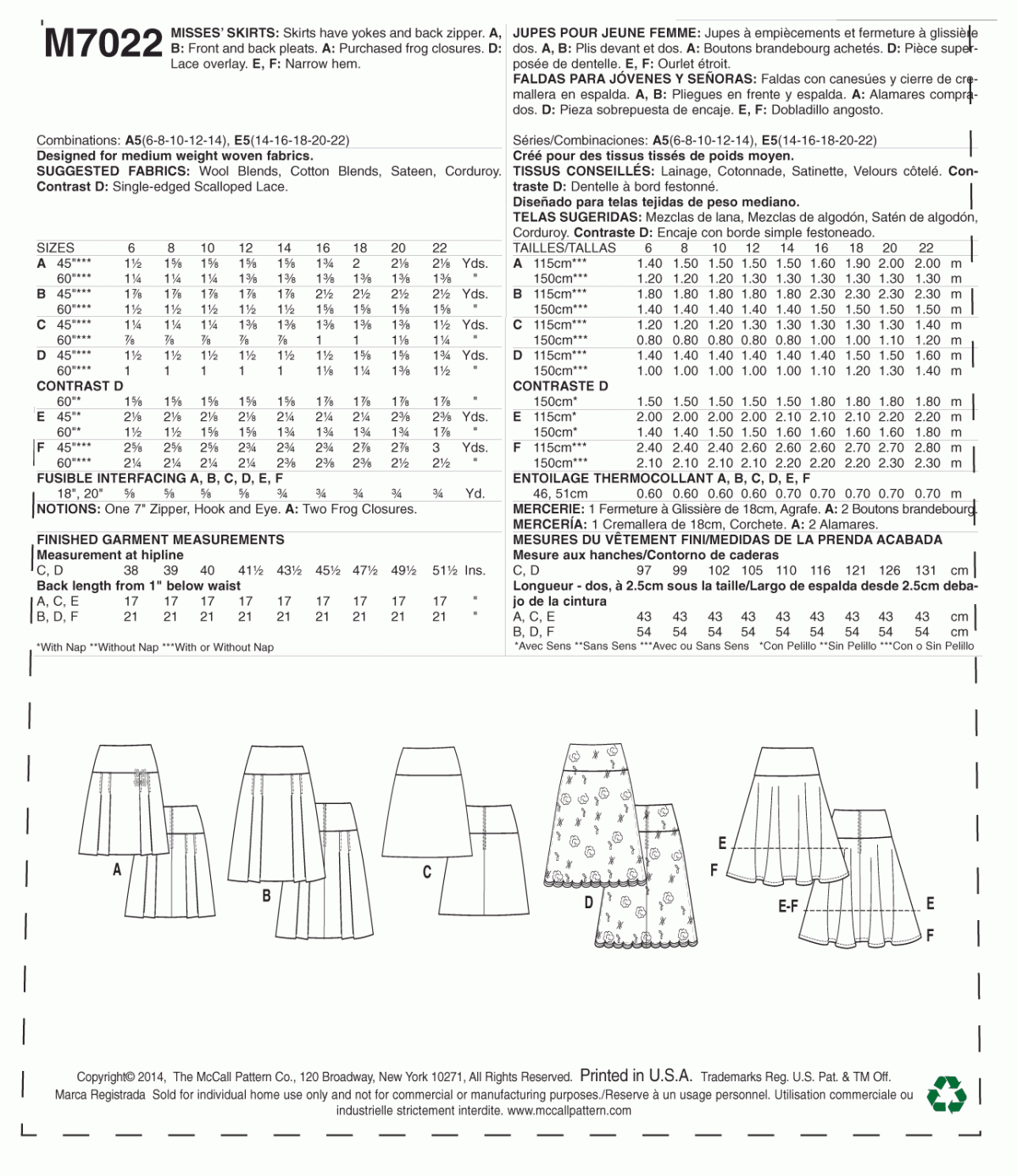 McCall's Sewing Pattern M7022 Misses' Skirts