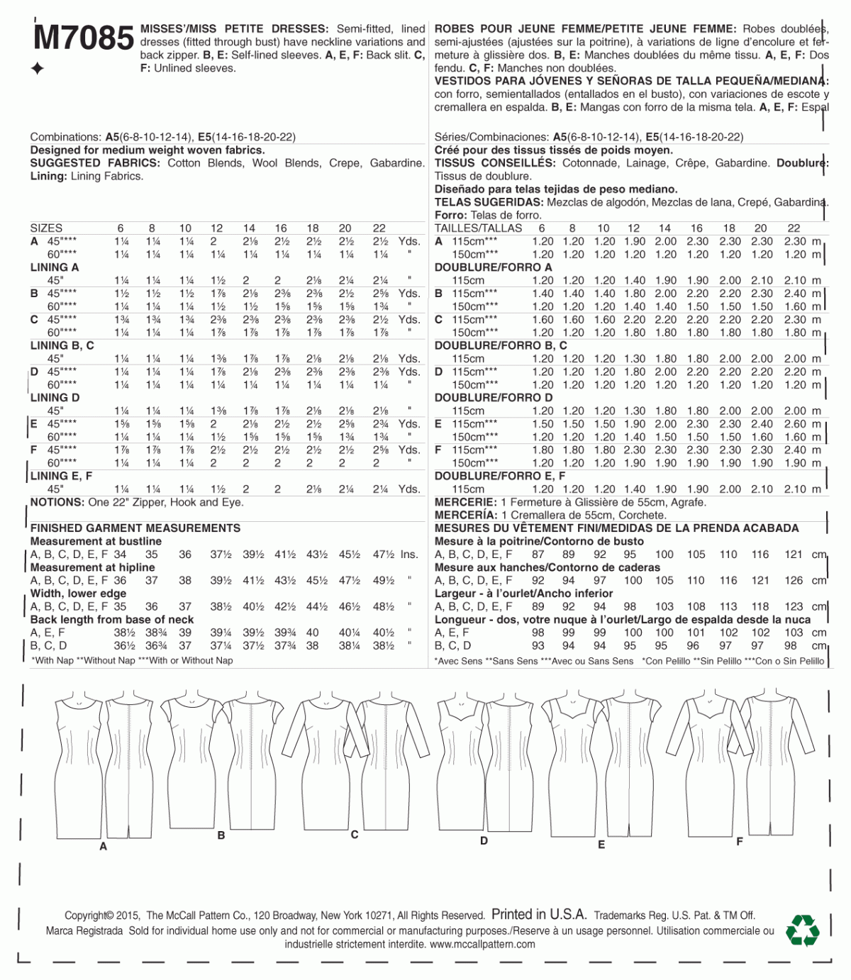 McCall's Sewing Pattern M7085 Misses'/Miss Petite Dresses