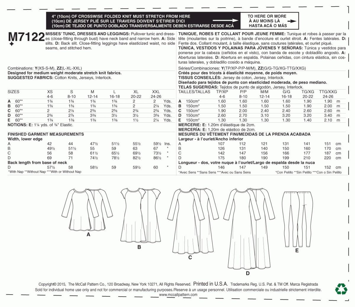 McCall's Sewing Pattern M7122 Misses' Tunic, Dresses and Leggings
