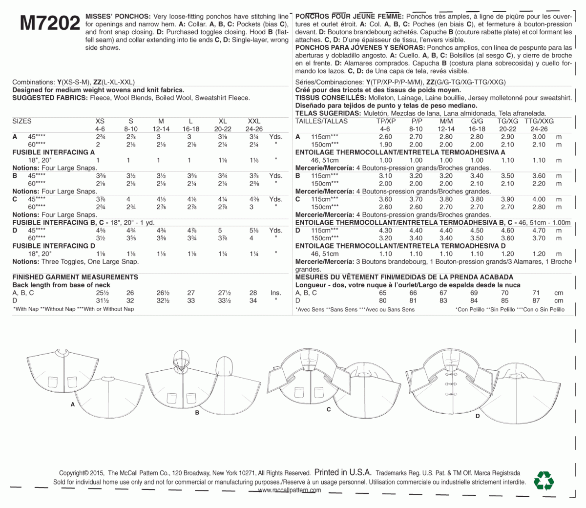 McCall's Sewing Pattern M7202 Misses' Ponchos