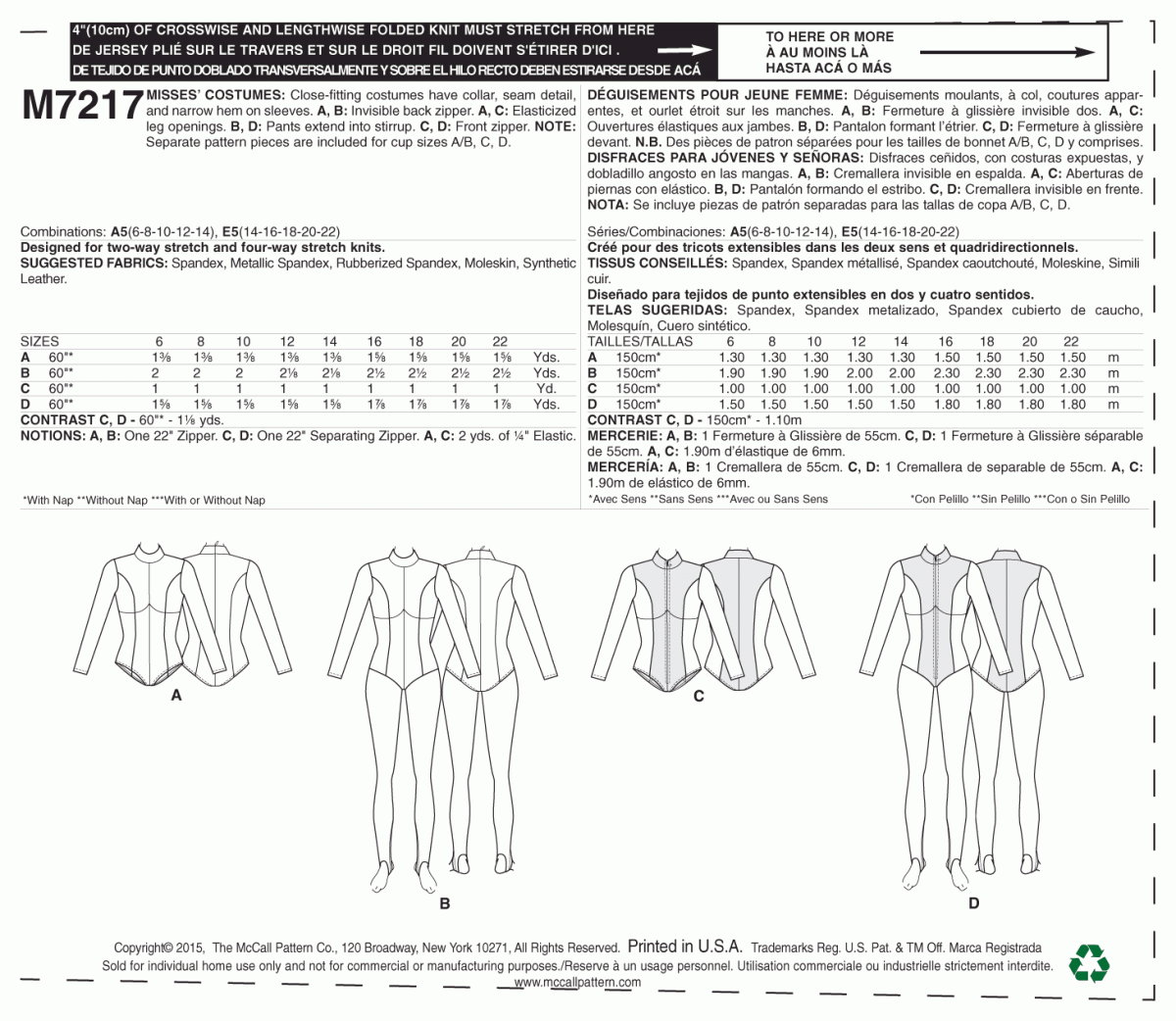 McCall's Sewing Pattern M7217 Yaya Han Zippered Bodysuit
