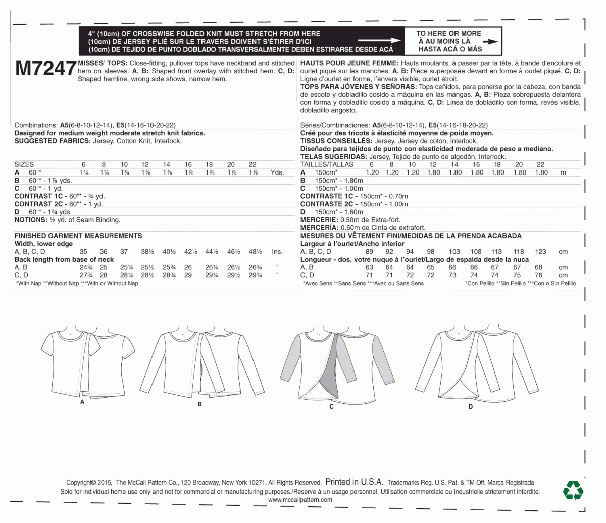 McCall's Sewing Pattern M7247 Misses' Tops