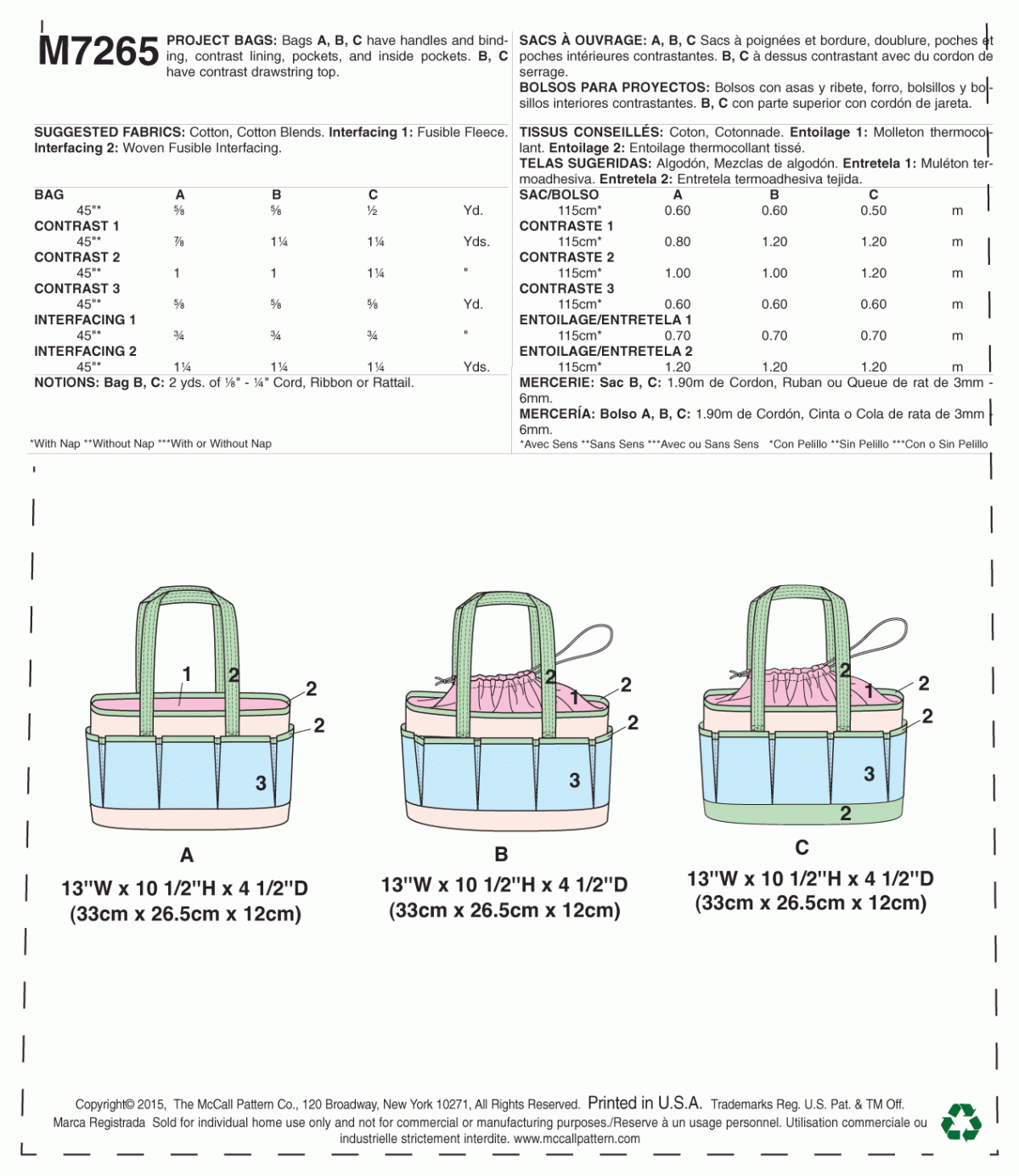 McCall's Sewing Pattern M7265 Project Totes