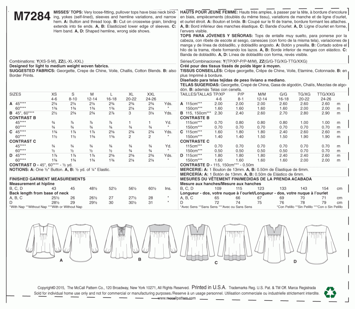 McCall's Sewing Pattern M7284 Misses' Tops