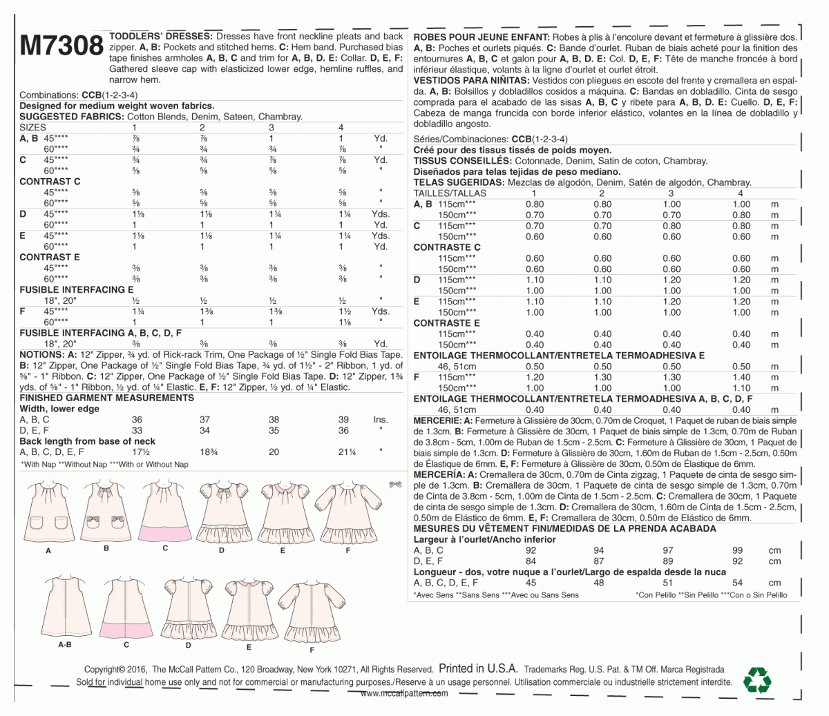 McCall's Sewing Pattern M7308 Toddlers' Tent Dresses