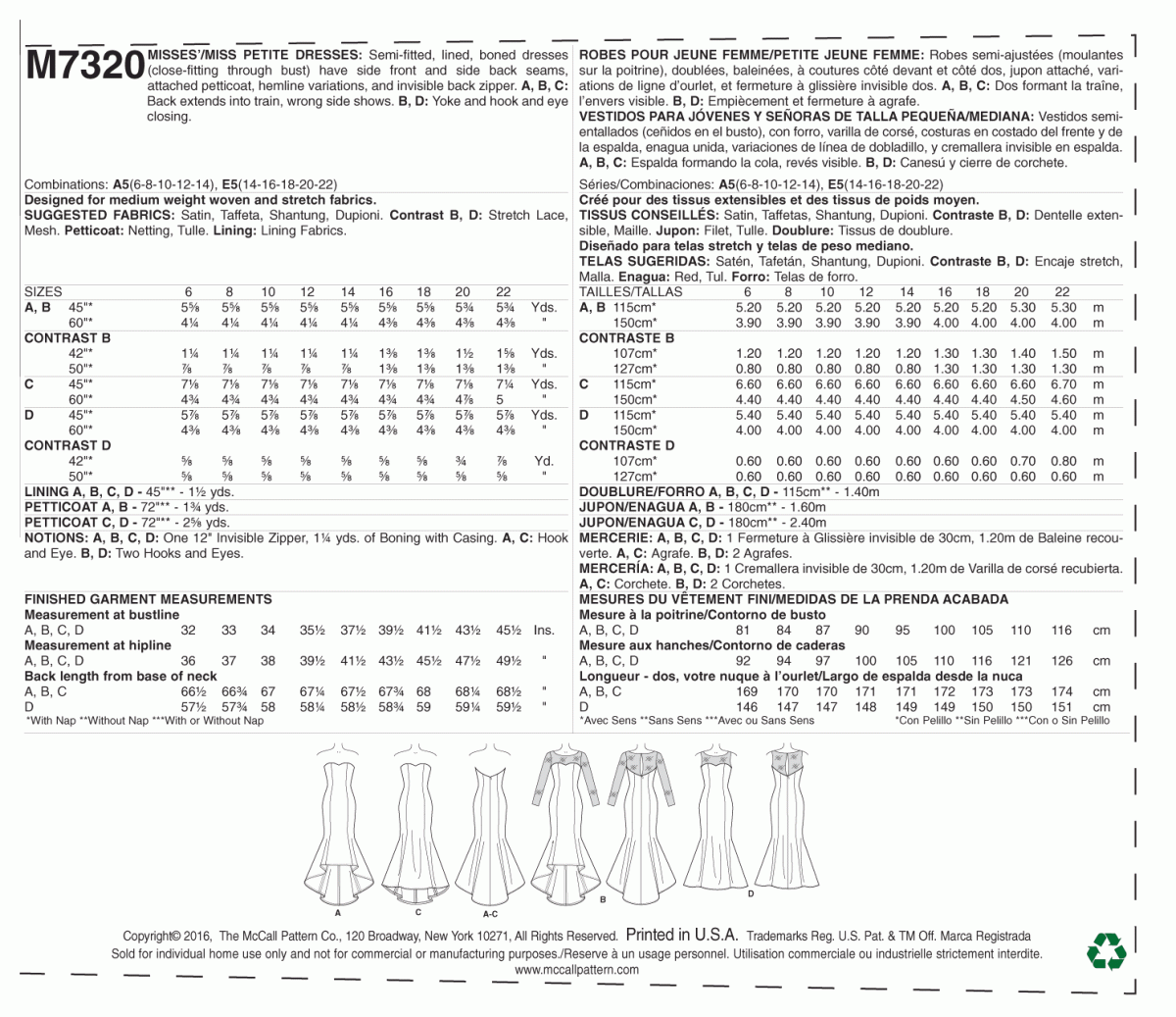 McCall's Sewing Pattern M7320 Misses'/Miss Petite Mermaid-Hem and High-Low Dresses